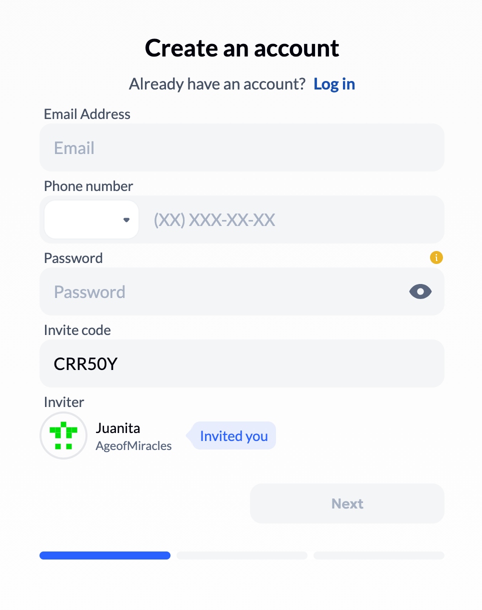 Aurum sign-up form showing invite code CRR50Y and Juanita AgeofMiracles as inviter